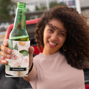 Modern Pastel Pink Watercolor Flowers & Name Can Cooler