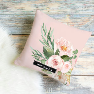 Modern Pastel Pink Watercolor Flowers & Name Cushion