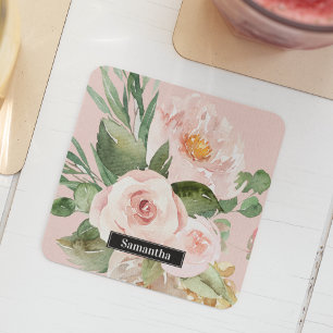 Modern Pastel Pink Watercolor Flowers & Name Square Paper Coaster
