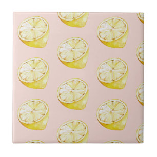 Modern Pastel Pink &  Yellow Lemons Pattern Ceramic Tile