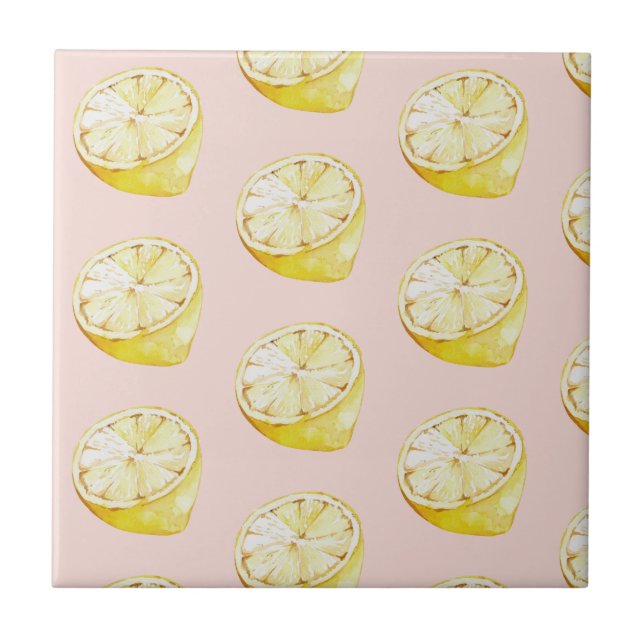 Modern Pastel Pink &  Yellow Lemons Pattern Ceramic Tile (Front)