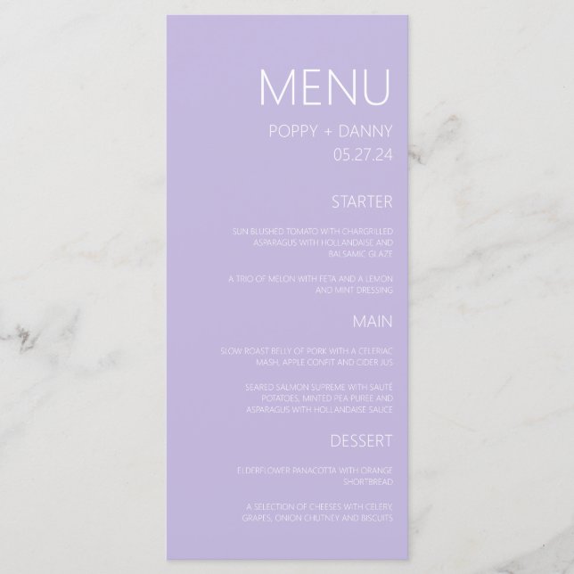 Modern Pastel Purple Wedding Dinner Menu (Front)