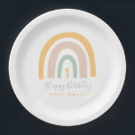 Modern Pastel Rainbow Girl's Birthday Paper Plate<br><div class="desc">Add something extra special to your little girl's birthday party with this personalised party plate featuring a modern rainbow in pastel pink and teal,  with a pop of mustard yellow,  with her age in the centre. Personalise with the party details underneath,  in yellow and pastel teal.</div>