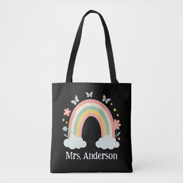 Modern Pastel Rainbow Personalised Teacher Gift Tote Bag (Front)
