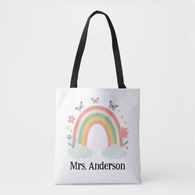 Modern Pastel Rainbow Personalised Teacher Gift Tote Bag (Front)