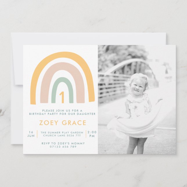 Modern Pastel Rainbow Photo Girl's First  Birthday Invitation (Front)