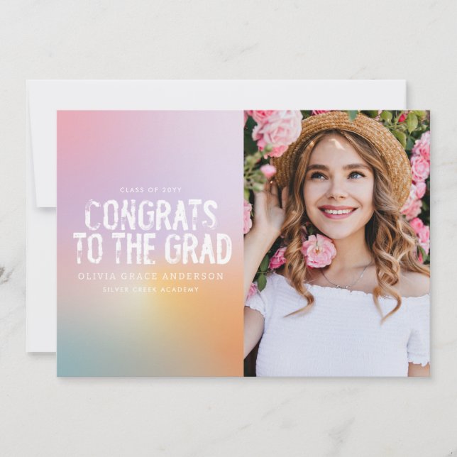 Modern pastel rainbow pink girly photo graduation invitation (Front)