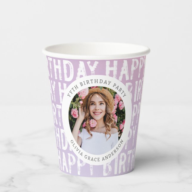 Modern pastel rainbow pink photo birthday party paper cups (Back)
