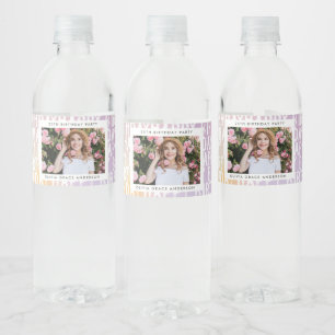 Modern pastel rainbow pink photo birthday party water bottle label