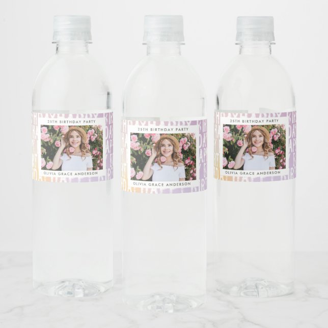 Modern pastel rainbow pink photo birthday party water bottle label (Bottles)