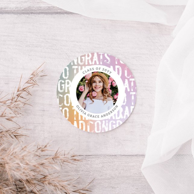 Modern pastel rainbow pink photo graduation party  classic round sticker (Creator Uploaded)
