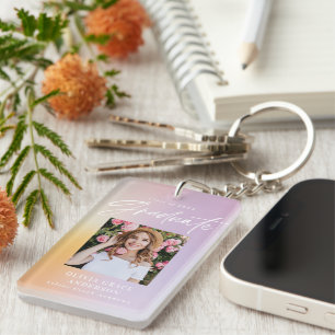Modern pastel rainbow pink photo graduation party key ring