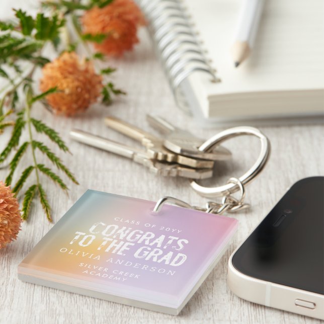 Modern pastel rainbow pink photo graduation party key ring (Front Right)