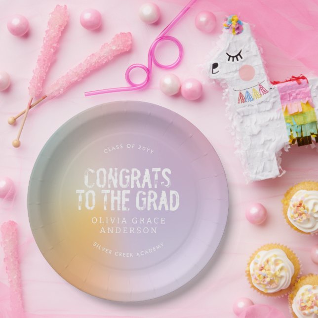 Modern pastel rainbow pink photo graduation party paper plate (Party)