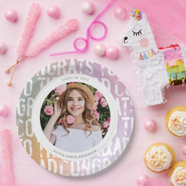 Modern pastel rainbow pink photo graduation party paper plate (Party)