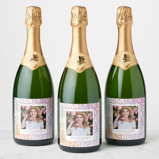 Modern pastel rainbow pink photo graduation party sparkling wine label (Bottles)