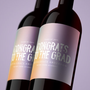 Modern pastel rainbow pink photo graduation party wine label