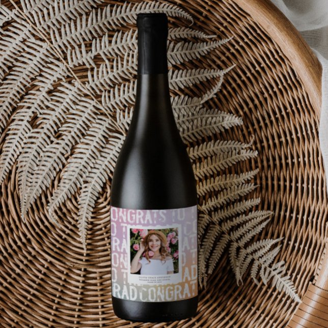 Modern pastel rainbow pink photo graduation party wine label (Creator Uploaded)