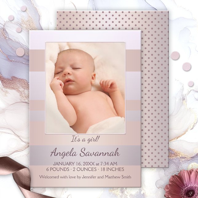 Modern Pastel Striped Baby Girl Photo Announcement (Baby girl photo announcement featuring your own favorite photo, framed by soft pastel peach and pink)