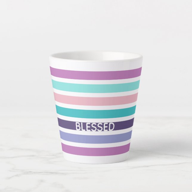 Modern Pastel Striped Christian BLESSED Latte Mug (Front)