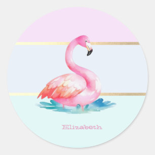 Modern Pastel Striped,Pink Flamingos  Classic Round Sticker