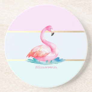 Modern Pastel Striped,Pink Flamingos Coaster