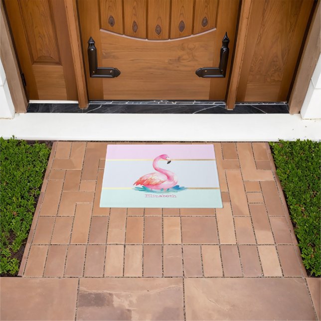 Modern Pastel Striped,Pink Flamingos  Doormat (Outdoor)
