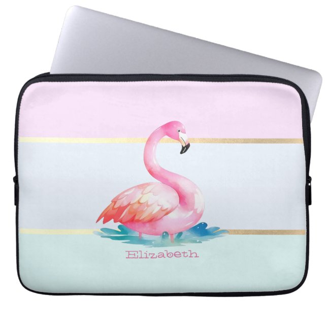 Modern Pastel Striped,Pink Flamingos  Laptop Sleeve (Front)
