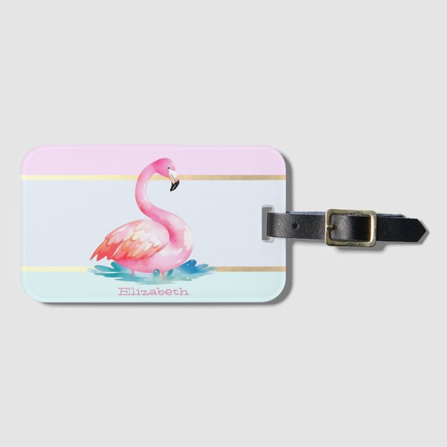 Modern Pastel Striped,Pink Flamingos  Luggage Tag (Front Horizontal)
