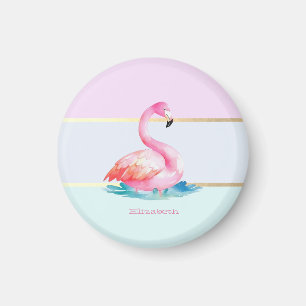 Modern Pastel Striped,Pink Flamingos  Magnet