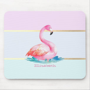 Modern Pastel Striped,Pink Flamingos  Mouse Pad