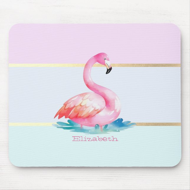 Modern Pastel Striped,Pink Flamingos  Mouse Pad (Front)