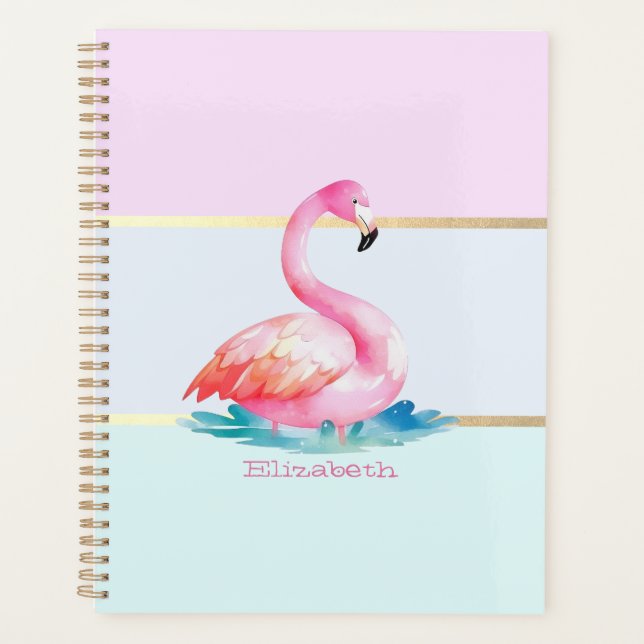 Modern Pastel Striped,Pink Flamingos  Planner (Front)