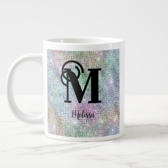 Modern Pastel Studded Glitter Monogram Large Coffee Mug (Left)