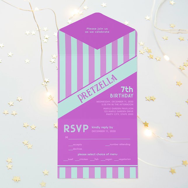Modern Pastel Teal Pink Stripes Birthday All In One Invitation (Creator Uploaded)