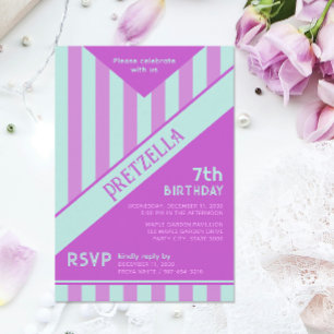 Modern Pastel Teal Pink Stripes Birthday Invitation