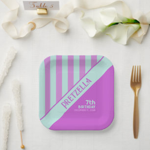 Modern Pastel Teal Pink Stripes Paper Plate