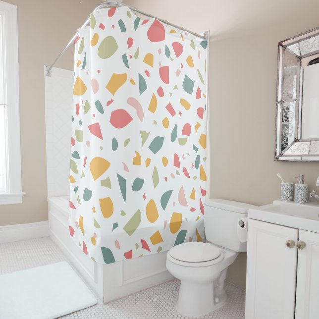 Modern pastel terrazzo pattern shower curtain (In Situ)