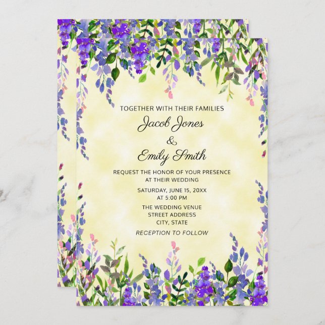Modern Pastel Watercolor Lavender Yellow Wedding Invitation (Front/Back)