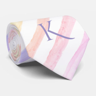 Modern Pastel Watercolor Striped Pattern Monogram Tie