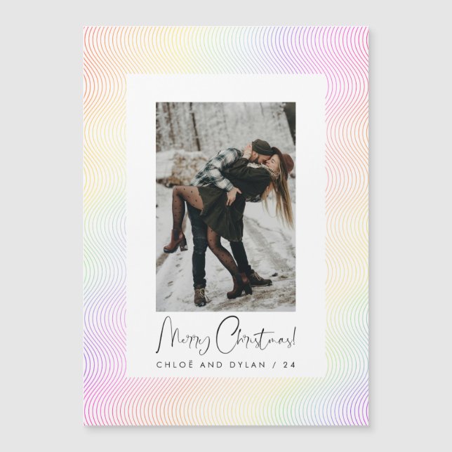 Modern Pastel Wavy Guilloché Couple Photo Xmas Magnetic Invitation (Front)