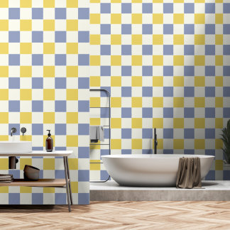 Modern Pastel Yellow and Blue Chequerboard Wallpaper