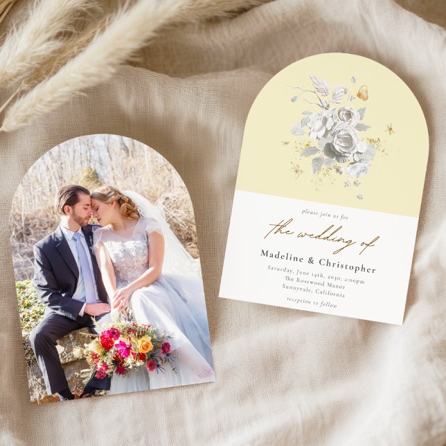 Modern Pastel Yellow White Floral Photo Wedding Invitation (Creator Uploaded)