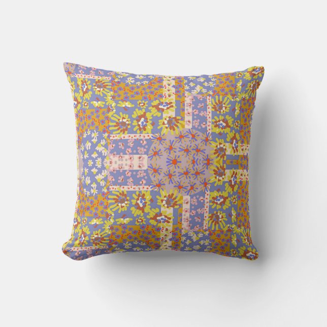 Modern Patchwork Daisy Flowers on Periwinkle Cushion (Front)