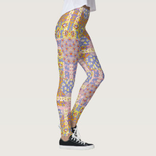 Modern Patchwork Daisy Flowers on Periwinkle Leggings