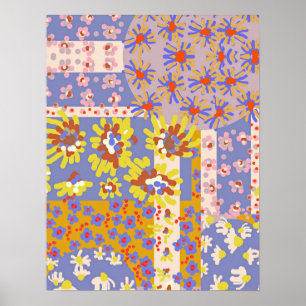 Modern Patchwork Daisy Flowers on Periwinkle Poster