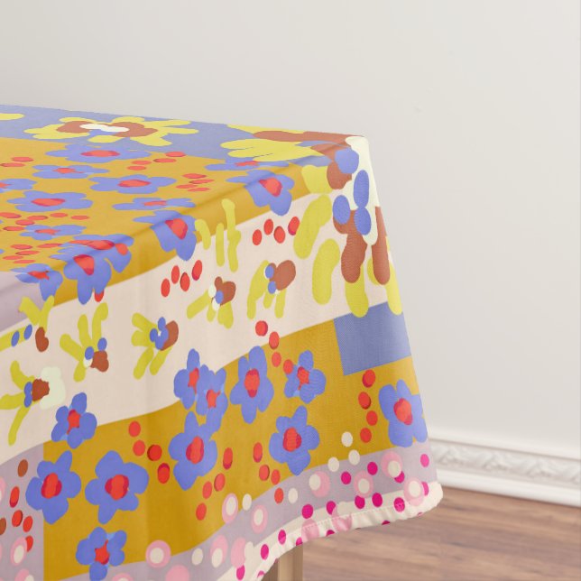 Modern Patchwork Daisy Flowers on Periwinkle Tablecloth (In Situ)
