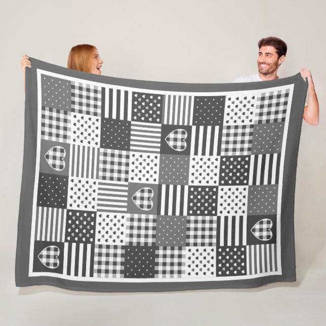Modern patchwork quilt gingham black and white fleece blanket (In Situ)