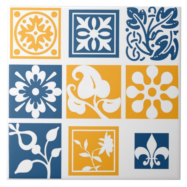 Modern, patchwork, white,navy blue, mustard yellow ceramic tile (Front)