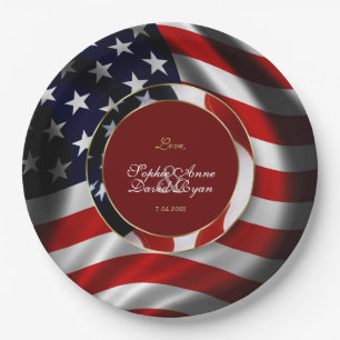 Modern Patriotic Elegant USA Flag Gold Wedding Paper Plate